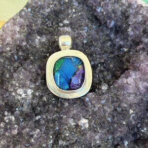 Vintage Dichroic Pendant Sterling Silver Blue Purple Glass Vintage